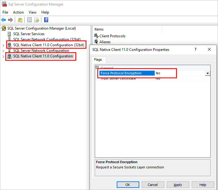 Schermopname van de sql Native Client 11.0-configuratie-eigenschappen in SQL Server Configuration Manager.