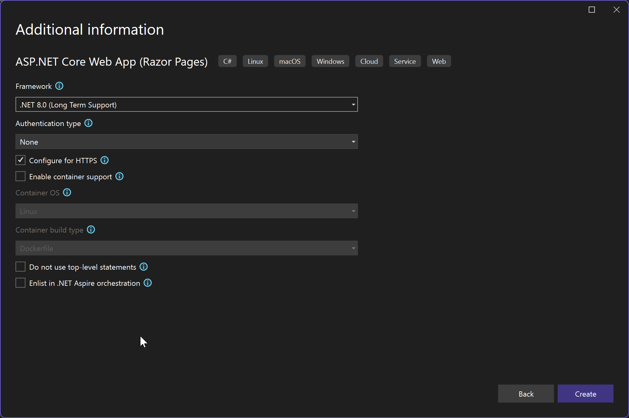Schermopname van het scherm Aanvullende informatie bij het maken van een webproject. De optie voor het inschakelen van containerondersteuning is niet geselecteerd.