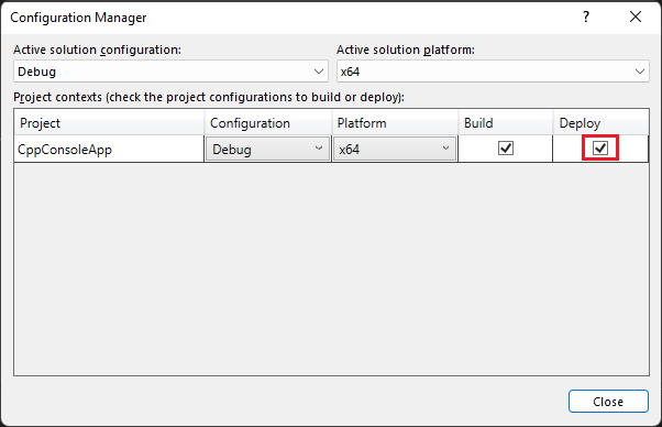 Schermafbeelding van de Configuration Manager in de Visual Studio Solution Explorer. De Debug-modus configuratie is geselecteerd en Deploy is aangevinkt.
