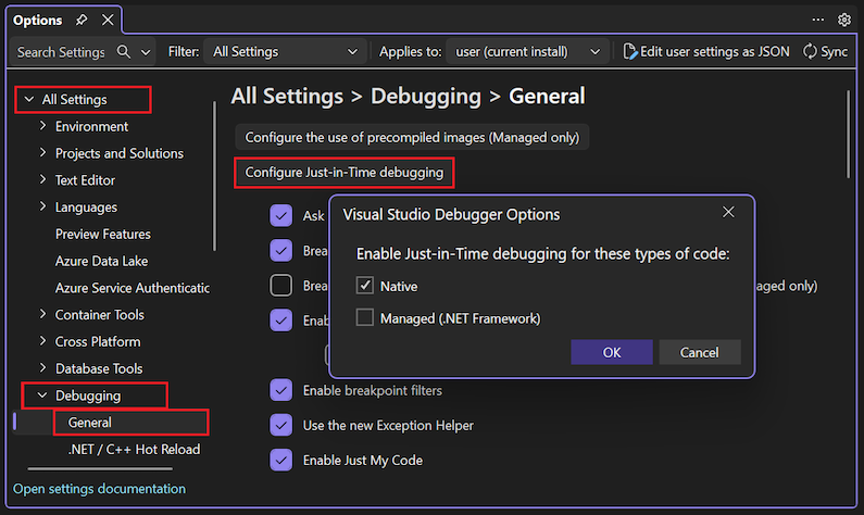 Schermopname van het configureren van Just-In-Time foutopsporing in Visual Studio.