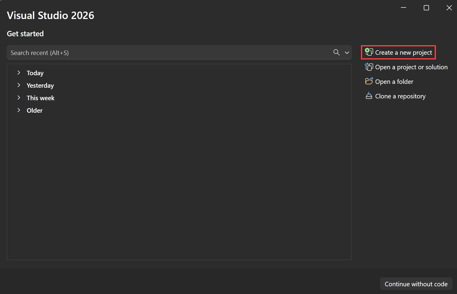 Schermopname toont de optie Een nieuw project maken in het startvenster van Visual Studio.