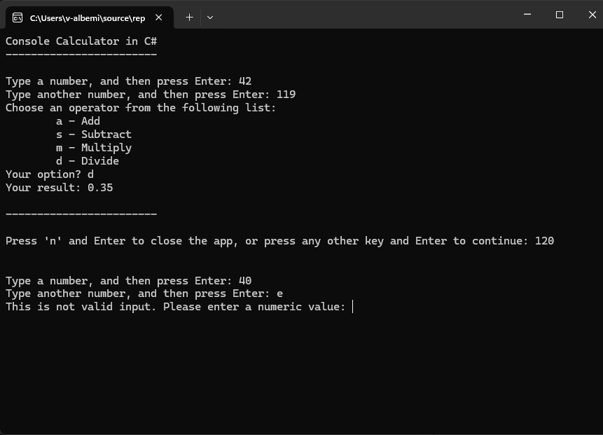 Schermopname van een consolevenster met de gerestructureerde calculator-app.