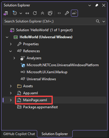 schermopname van het Venster Solution Explorer met de eigenschappen, verwijzingen, assets en bestanden in het HelloWorld-project. Het bestand MainPage.xaml is geselecteerd.