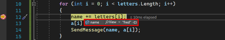 Schermopname van een tip voor foutopsporingsprogrammagegevens in Visual Studio 2022 waarin de tekenreekswaarde voor de variabele 'naam' wordt weergegeven.