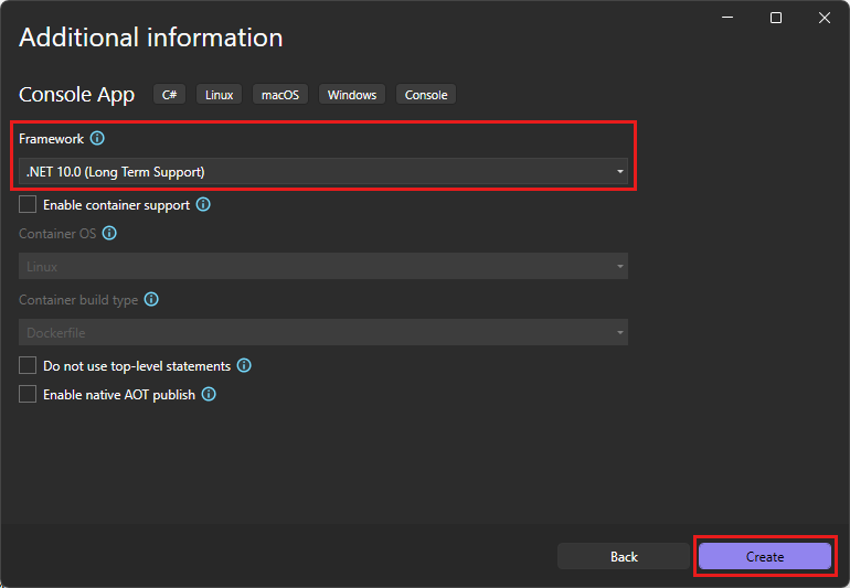 Schermafbeelding van het dialoogvenster Aanvullende informatie met .NET 10.0 geselecteerd als het doelframework voor het nieuwe project in Visual Studio.