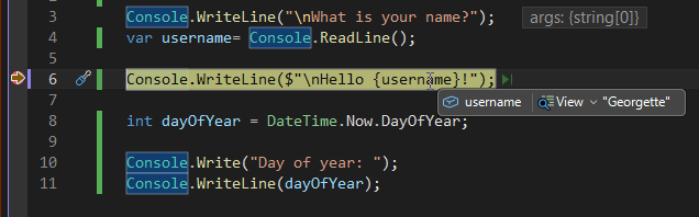 Schermafbeelding met een variabele waarde tijdens foutopsporing in Visual Studio.