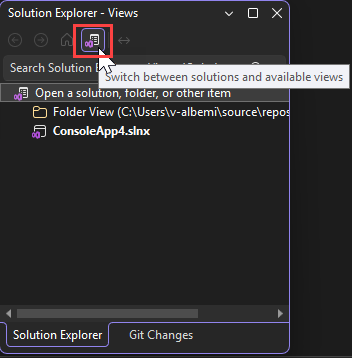 Schermopname van een C#-project in Git dat is geopend in Solution Explorer.