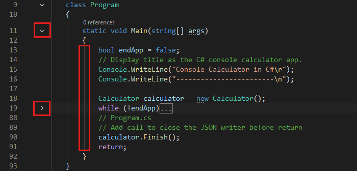 Schermafbeelding met de Visual Studio IDE met rode vakken.