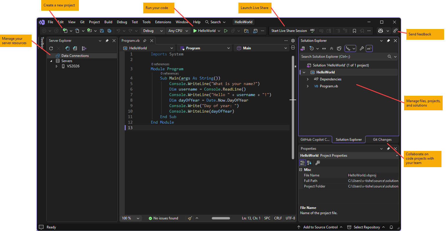 Schermopname van de Visual Studio IDE met Visual Basic code en sleutelfunctionaliteit.