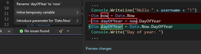 Schermafbeelding met de suggestie tijdelijke variabele Inline in Visual Studio.