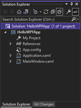 Schermafbeelding met de bestanden in het HelloWPFApp-project en de oplossing in de Solution Explorer in Visual Studio 2022.