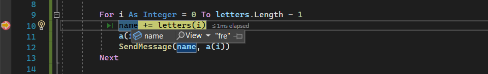 Schermopname van de uitvoering van foutopsporing die is gestopt in de code-editor, met de naamvariabele gemarkeerd en een gegevenstip met de waarde.