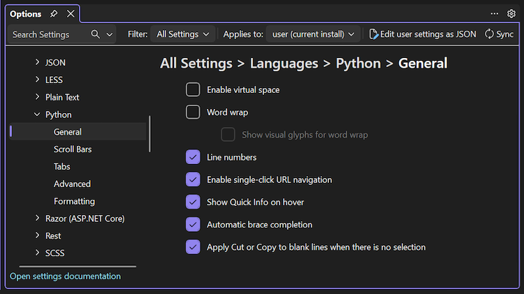 Schermopname van de categorieën taalopties voor Python en specifieke algemene opties in Visual Studio 2026.
