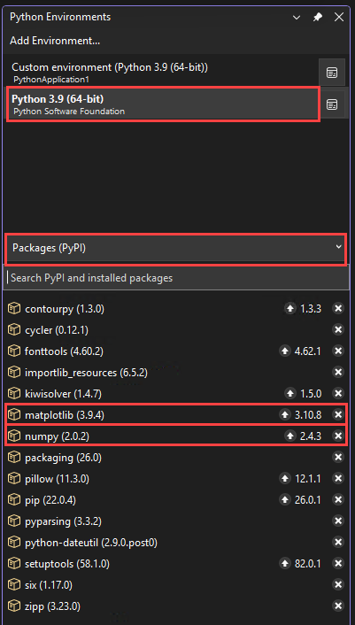 Schermopname van de zojuist geïnstalleerde matplotlib- en numpy-pakketten voor de geselecteerde omgeving in het venster Python-omgevingen in Visual Studio.