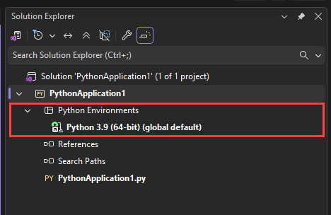 Schermopname van het knooppunt Python-omgevingen in Solution Explorer in Visual Studio.