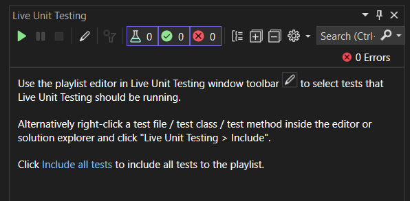 Schermopname van het taakvenster dat wordt weergegeven wanneer Live Unit Testing voor het eerst wordt gestart.