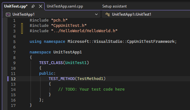 Schermopname van een stub-klasse en -methode met behulp van de TEST_CLASS- en TEST_METHOD-macro's in Visual Studio.