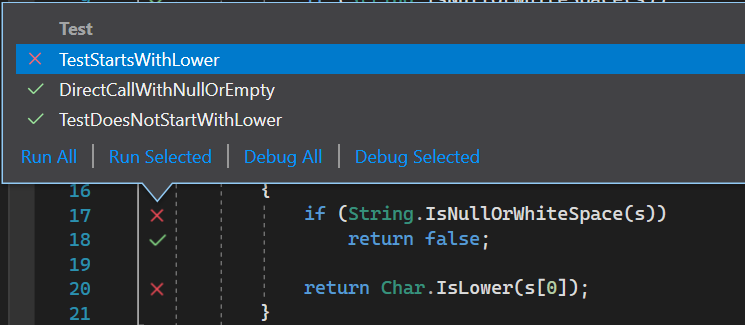 Schermopname van de teststatus voor een symbool in Visual Studio.