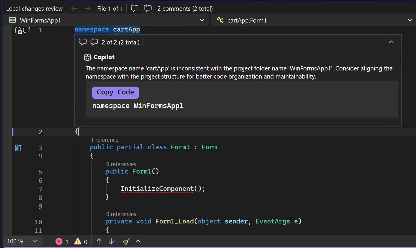 schermopname met opmerking bij het controleren van GitHub-code.