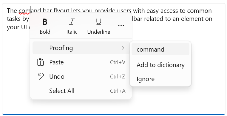 Een flyout van de opdrachtbalk voor uitgebreide tekstcontrole