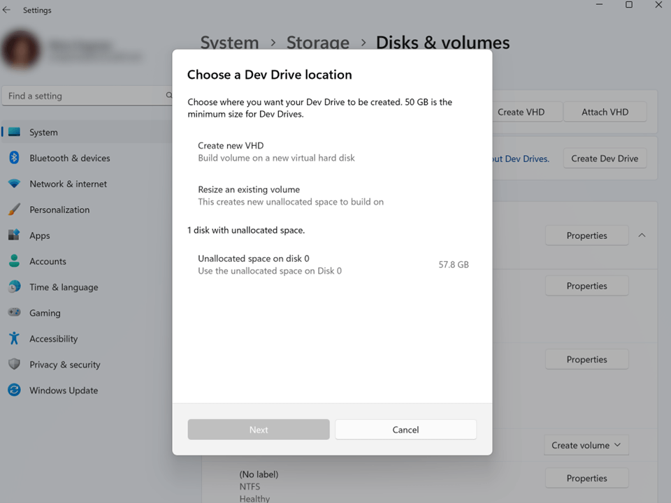 Schermopname van het maken van een Dev Drive