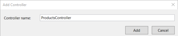 Zrzut ekranu okna dialogowego „dodaj kontroler”, z wyrazem „kontroler produktów” w polu tekstowym i przyciskiem dodawania pod nim.