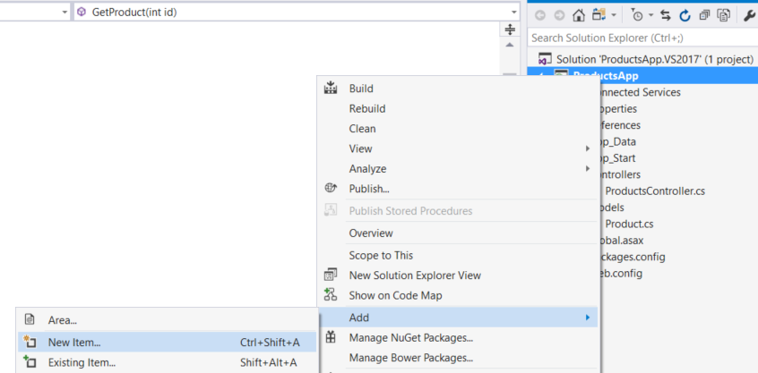Zrzut ekranu przedstawiający menu Eksploratora rozwiązań z wyróżnioną opcją aplikacji produktów, aby pokazać opcje menu dodawania nowego elementu.
