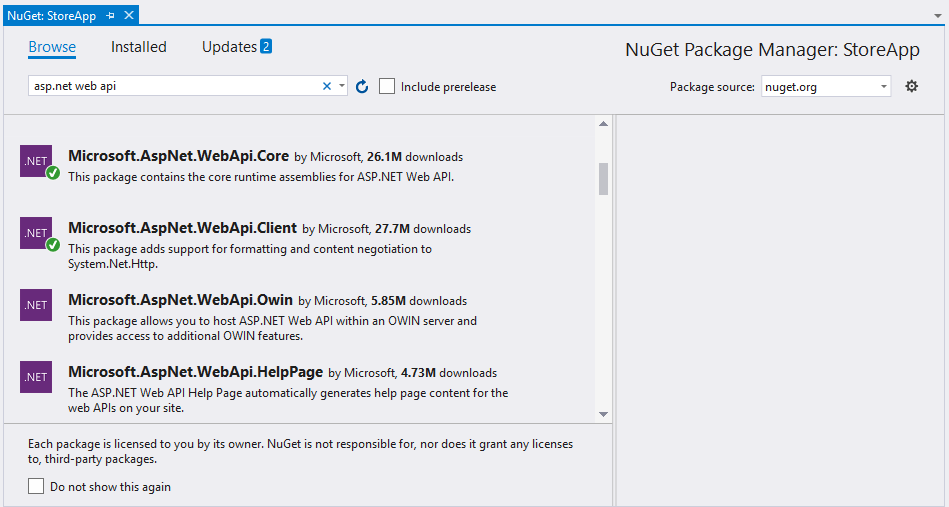instalowanie pakietu podstawowego interfejsu API sieci Web