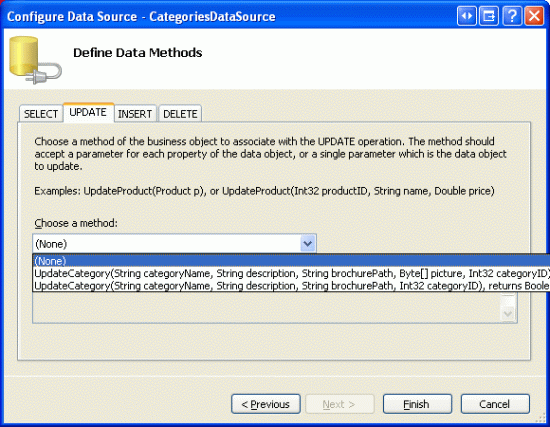 Ustaw listy Drop-Down na kartach UPDATE, INSERT i DELETE na (Brak)