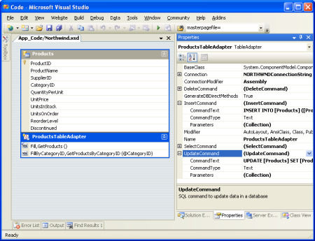 Obiekt TableAdapter ma właściwości: InsertCommand, UpdateCommand oraz DeleteCommand