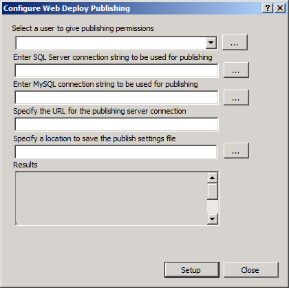 W oknie dialogowym Configure Web Deploy Publishing (Konfigurowanie publikowania w narzędziu Web Deploy) kliknij przycisk Setup (Konfiguracja).