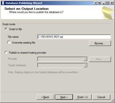 Wygeneruj skrypt bazy danych do pliku lub opublikuj go bezpośrednio u dostawcy usług hostingowych