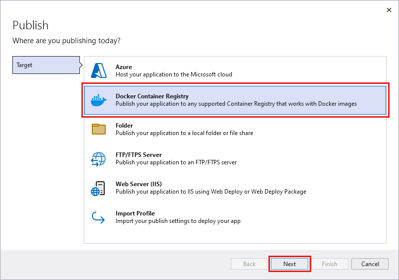Zrzut ekranu przedstawiający ekran Wybierz rejestr kontenerów Docker.
