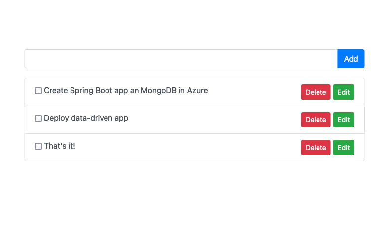 Zrzut ekranu przedstawiający aplikację Spring Boot przechowującą dane w usłudze Cosmos DB.