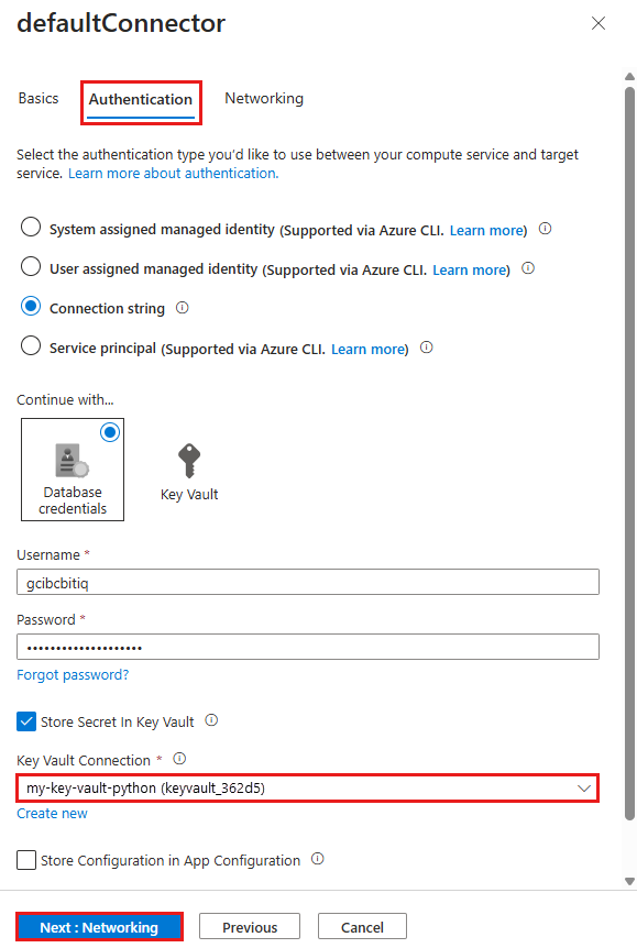 Zrzut ekranu przedstawiający połączenie Key Vault wybrane w domyślnym łączniku.