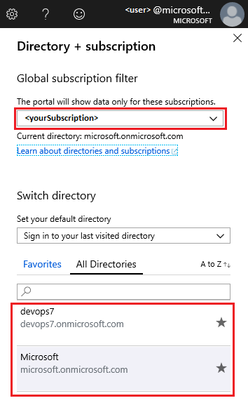 Zrzut ekranu portalu Azure przedstawiający stronę filtru Katalog + subskrypcja, na której można wybrać katalog.