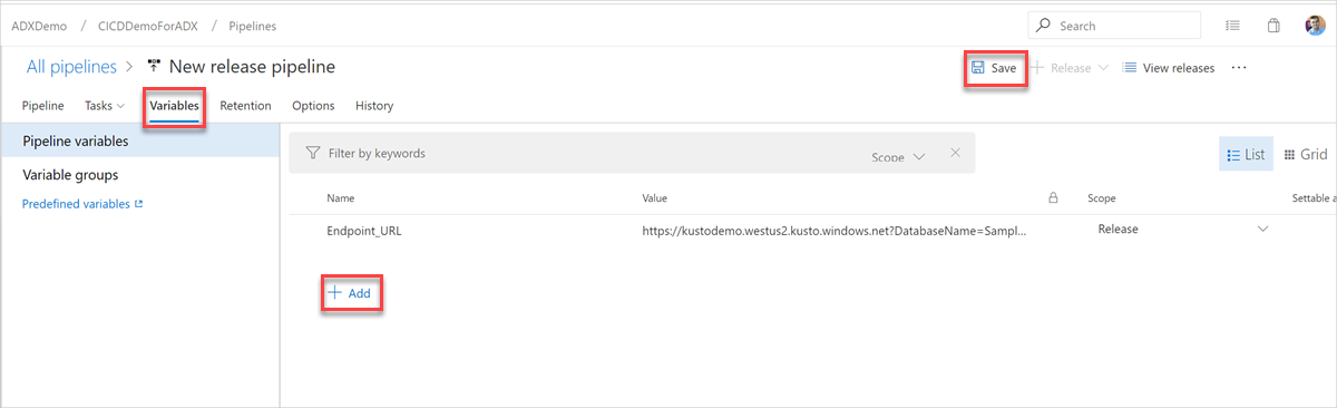 Zrzut ekranu przedstawiający sposób tworzenia zmiennej pipeline.