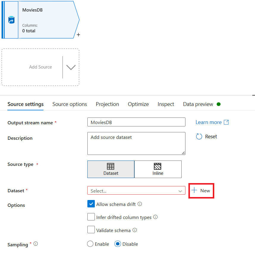 Zrzut ekranu przedstawiający miejsce wybrania pozycji Nowy po nadaniu nazwy źródła.