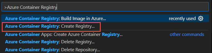 Zrzut ekranu przedstawiający sposób wyszukiwania zadania w celu utworzenia nowego wystąpienia usługi Azure Container Registry w programie Visual Studio Code.