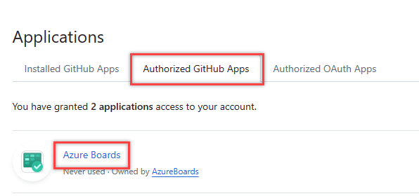 Screenshot pokazuje autoryzowane aplikacje GitHub z wyróżnionymi Azure Boards.
