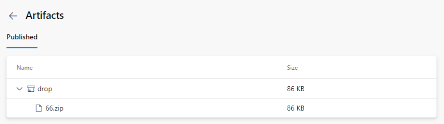 Zrzut ekranu przedstawiający opublikowane artefakty budowania dla pojedynczego zadania.
