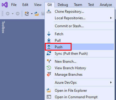Zrzut ekranu opcji Push z menu Git w programie Visual Studio.