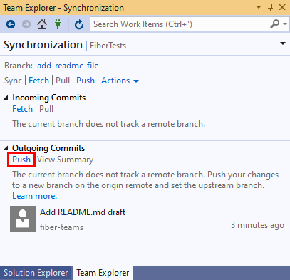 Zrzut ekranu ukazujący link Push w widoku Synchronizacji aplikacji Team Explorer w programie Visual Studio 2019.