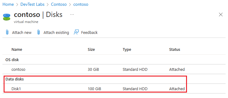 Zrzut ekranu przedstawiający nowy dysk danych w obszarze Dyski na stronie Dyski.