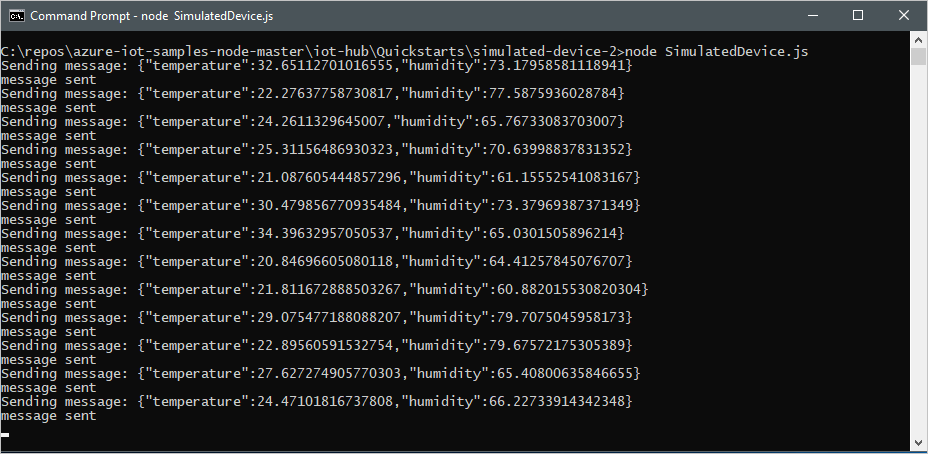 Zrzut ekranu przedstawiający okno terminalu z danymi wyjściowymi aplikacji symulowanego urządzenia.