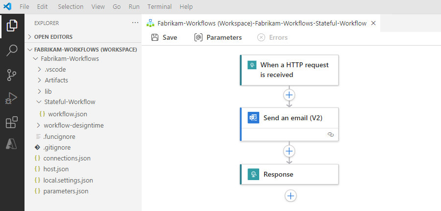 Zrzut ekranu przedstawiający program Visual Studio Code, obszar roboczy aplikacji logiki, projekt i przepływ pracy.