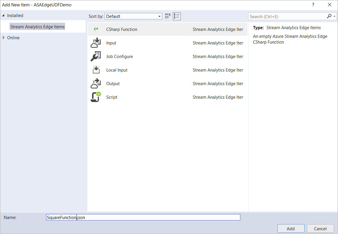 Wybieranie funkcji CSharp z elementów usługi Stream Analytics Edge w programie Visual Studio