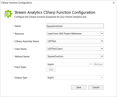 Konfiguracja funkcji w C# w Stream Analytics — Visual Studio