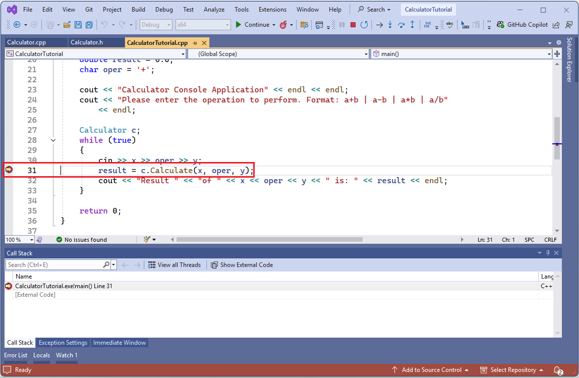 Zrzut ekranu edytora programu Visual Studio. Wykonywanie programu zatrzymane w warunkowym punkcie przerwania w wierszu: result = c.Calculate(x, oper, y);.