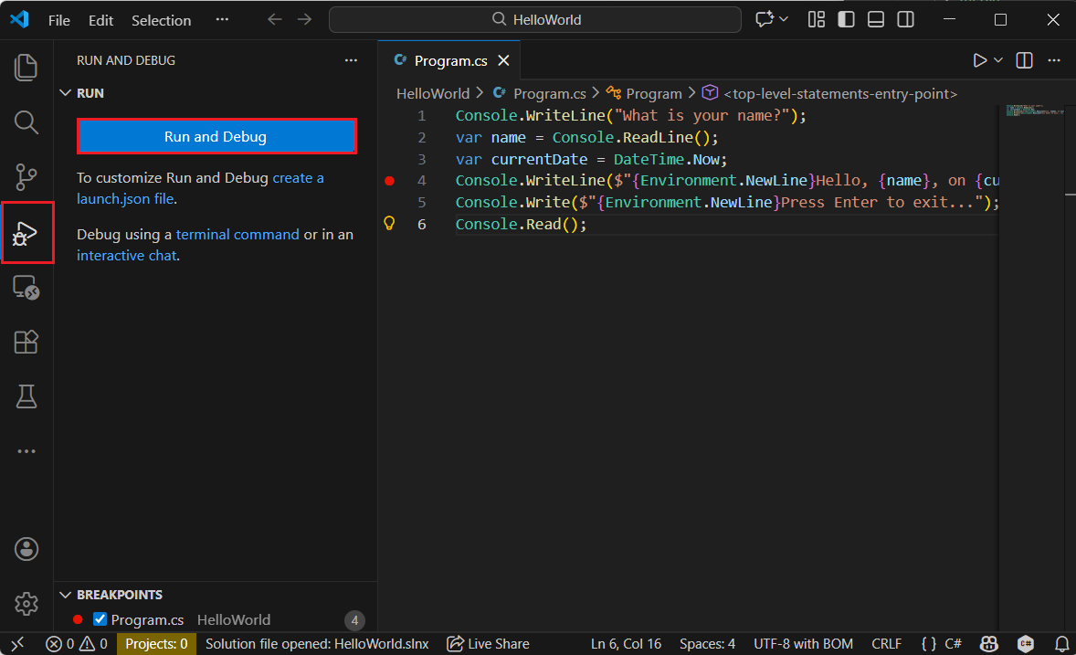 Otwórz kartę Debugowanie w Visual Studio Code